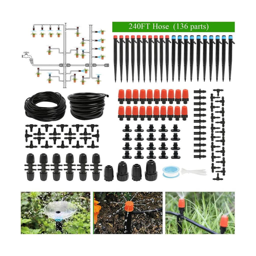 Maotong 240FT Drip Irrigation System Kit, Automatic Garden Watering Misting System for Greenhouse, Yard, Lawn, Plant