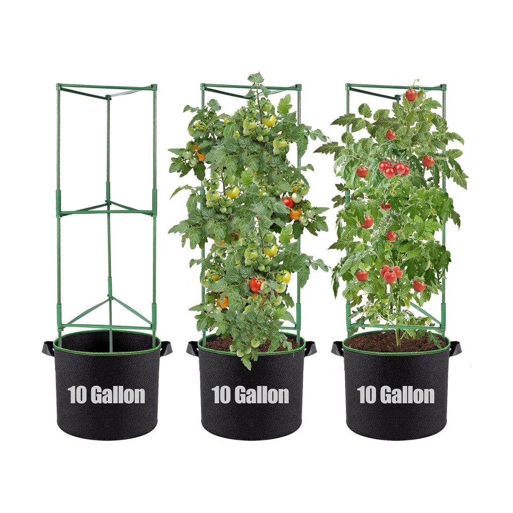 ANPHSIN Sturdy Triangle Tomato Cage with Movable 10 Gal Grow Bags, 3 Sets | 47'' Plants Garden Trellis Planters
