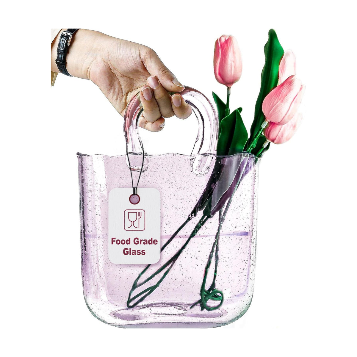 OLEEK Handmade Glass Purse Vase for Flowers and Drinks - 10 in - Cute Pink Centerpiece & Fish Bowl - Unique Handbag Flower Vase - Wide Mouth Decorative