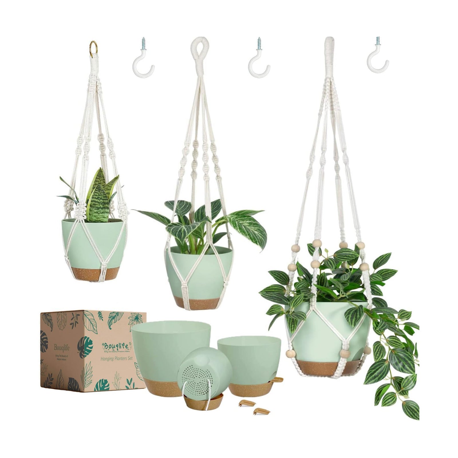 Bouqlife Self Watering Hanging Planters for Indoor Plants 3 Pack Macrame Plant Hangers with Drainage Holes Pots and
