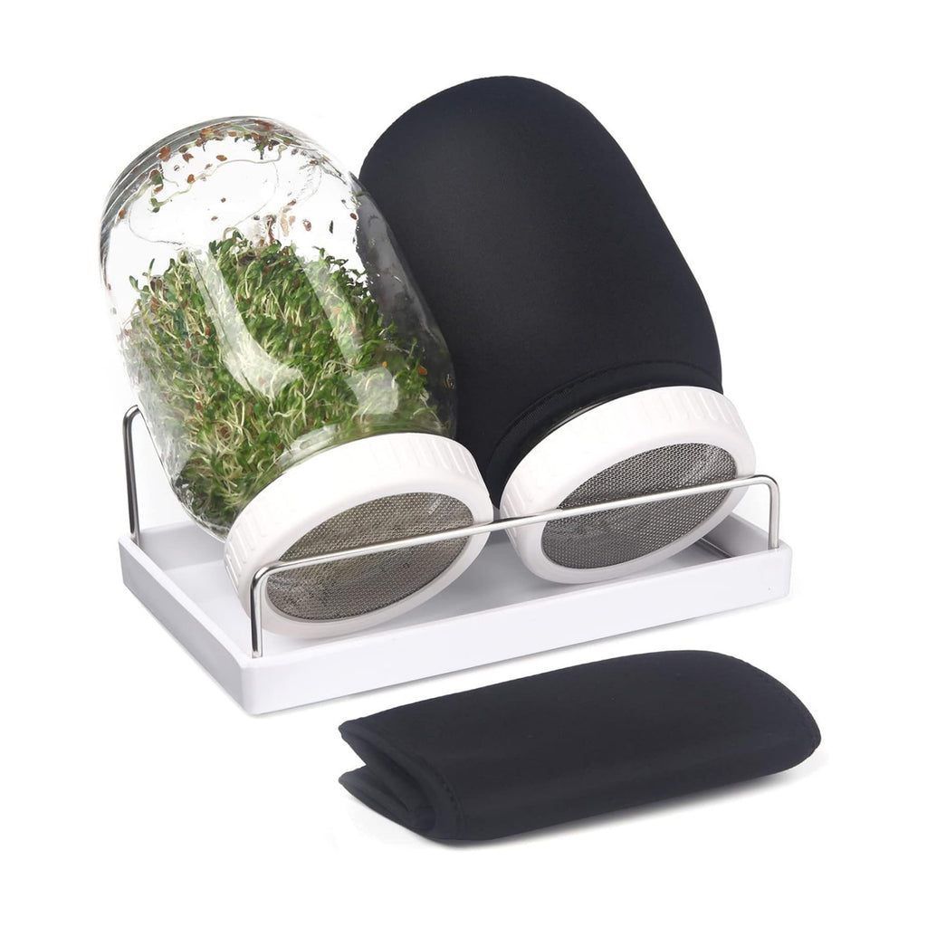 Complete Sprouting Jar Kit| 2 Wide Mouth Mason Jars, 316 Screen Sprout Lids, Blackout Sleeves, Tray, Stand| Sprouter