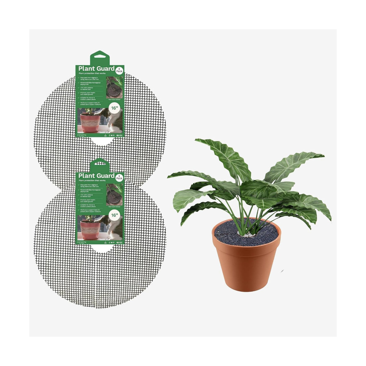 Curtis Wagner Plastics Plant Guard, 16" Diameter, 2-Pack | Plant Protector from Cats & Animals | Plant Soil Cover | Trim-to-Fit Plant Pot Cover for Healthy Root Growth | Indoor or Outdoor Use