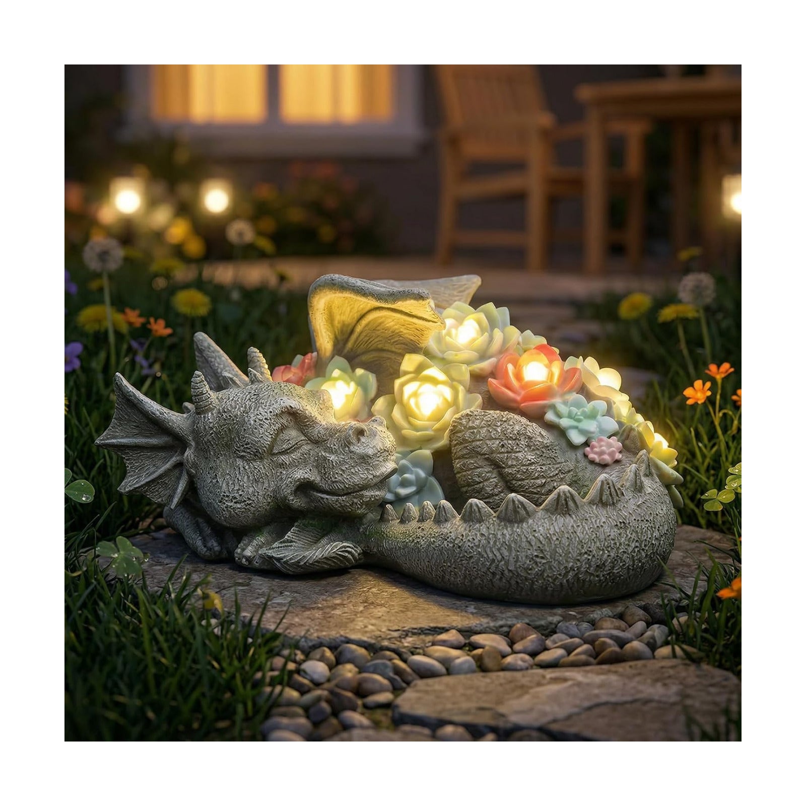 Solar Dragon Garden Statue, Sleeping Dragon with Solar Light Succulent | Coiled Dragon Figurine Solar Light, Waterproof