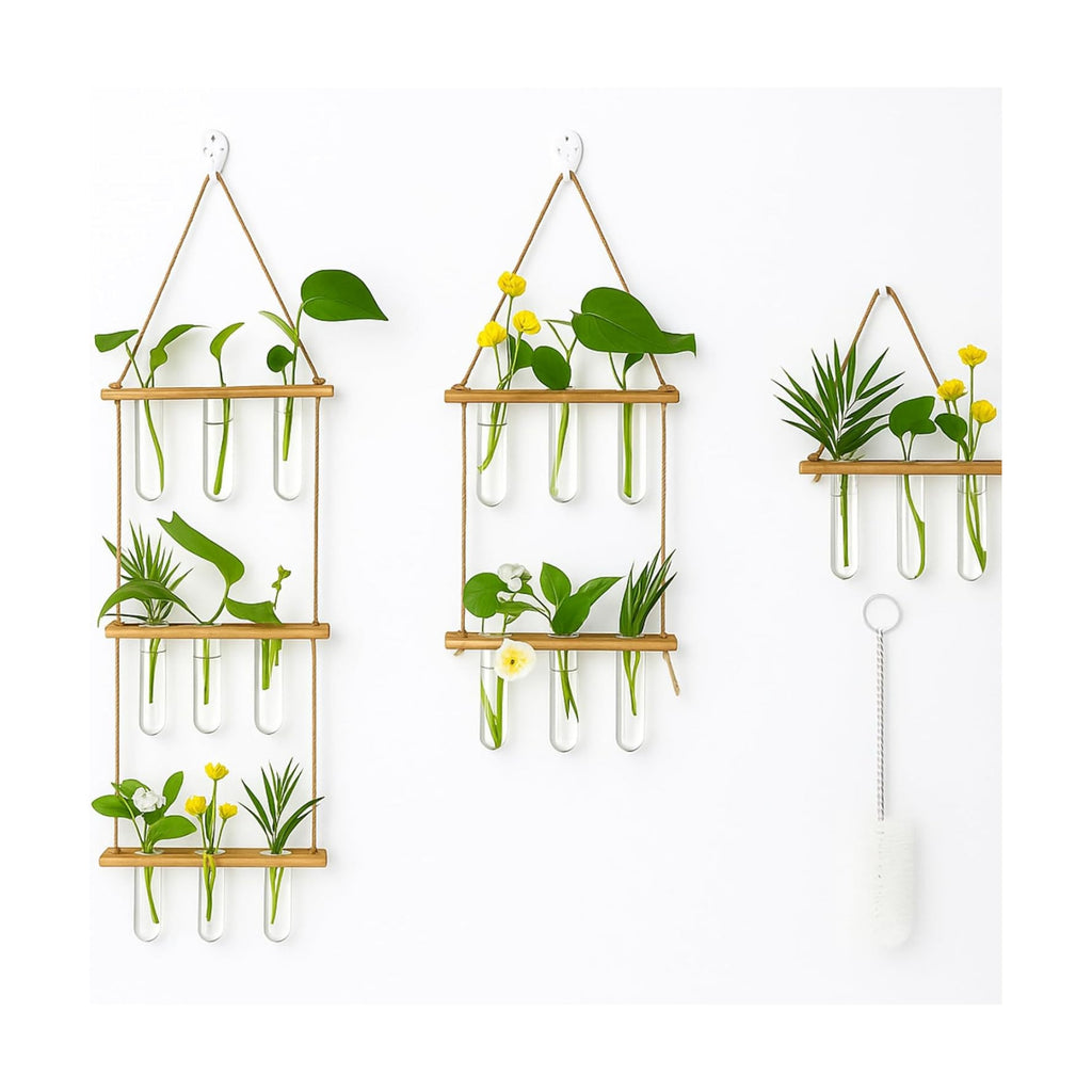 Leumoi 3pcs Hanging Propagation Station, Vertical 18 Glass Test Tubes | 3 Tiered Wooden Racks, Wall Propagation