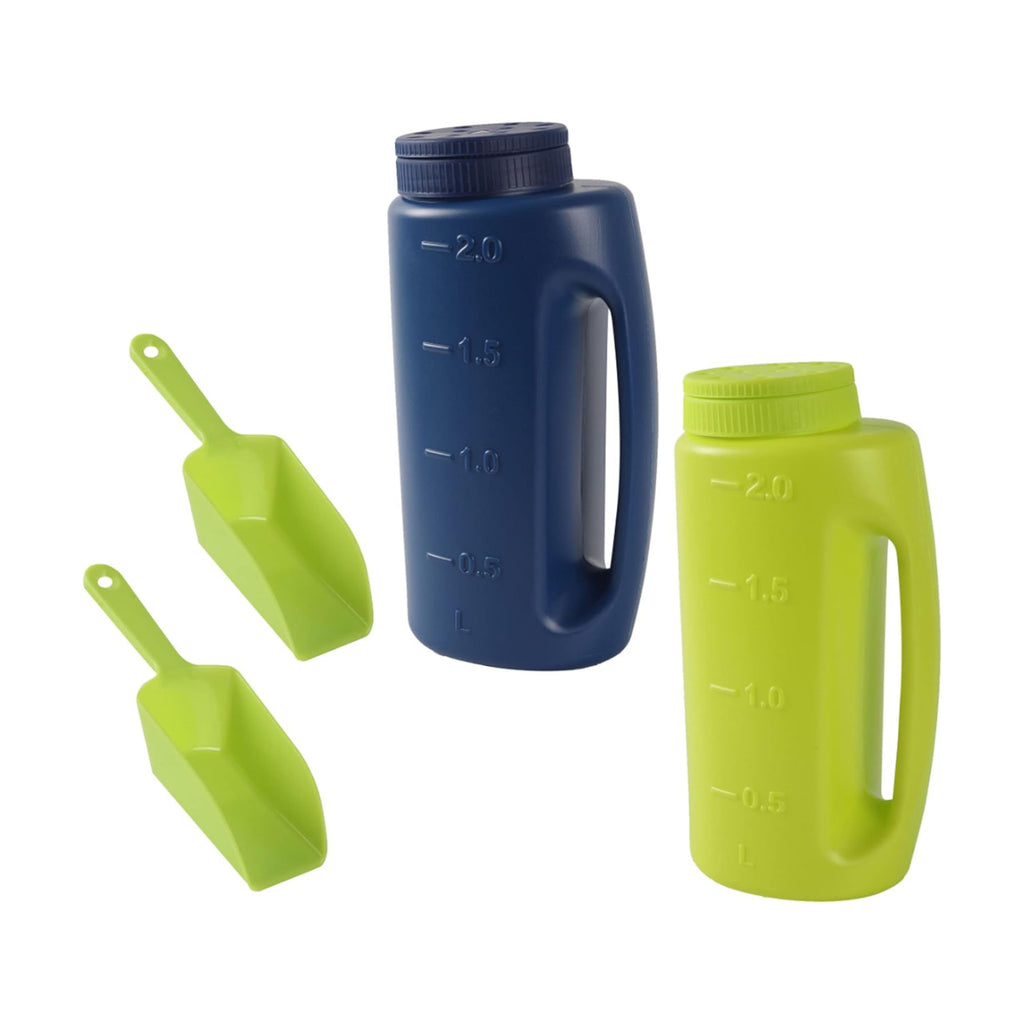 (2-Set) Multipurpose 2L Handheld Spreaders (Blue and Green) - Handheld Shakers for Seeds, Fertilizer, Salt, and More - With an Adjustable Dial for 7 Opening Modes - Includes 2 Scoops (Green)
