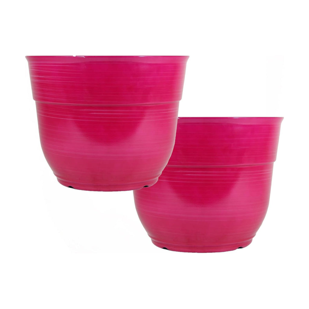 Garden Elements Indoor/Outdoor Glazed Brushed Happy Plastic Planter, Large, Bright Pink, 15" (Pack of 2)