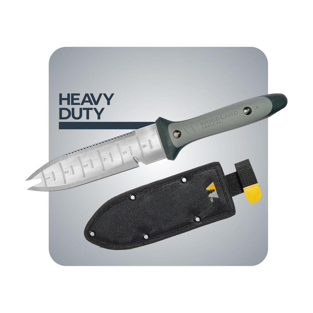 Heavy Duty Hori Hori Garden Knife - Stainless Steel Soil Knife with Serrated Edge, Depth Markings, and Ergonomic Grip
