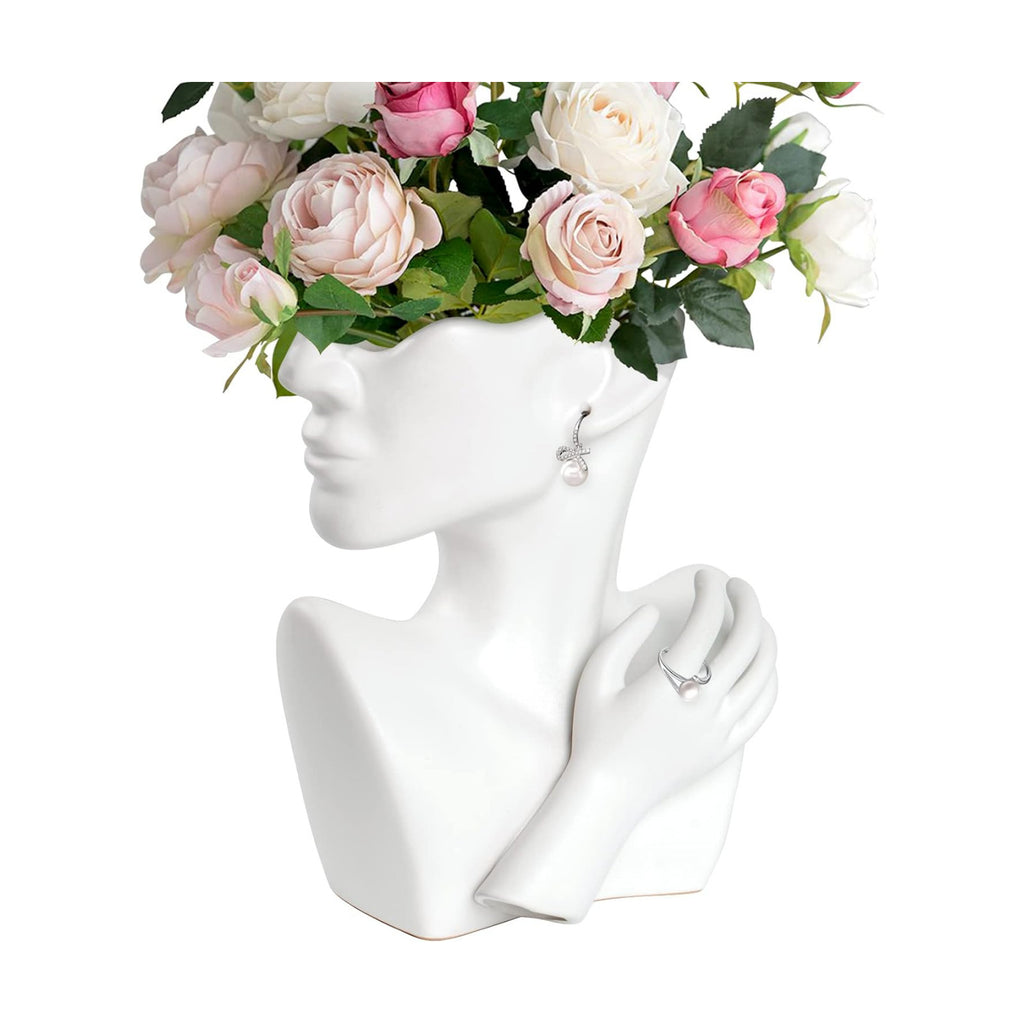 GDYOOSHOW Face Vases for Flowers Bust Planter Ceramic Head Vase Display Jewelry Rack White 9.84 Inches High Suitable