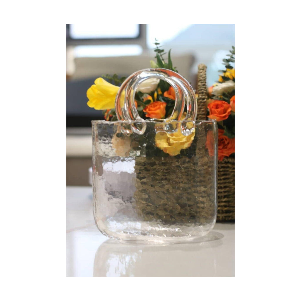 Purse Vase for Flowers, Fish Bowl with Bubble, Handbag Shape Clear Glass Vase, 10.6 inch Plant Vase for Christmas, Birthday Gift, Table Decor- Transparent