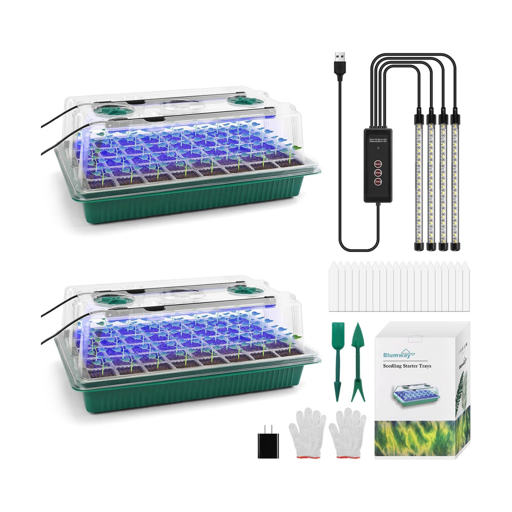 Seed Starter Tray with Grow Light, Humidity Dome, 2 Pack 80 Cells | Seedling Tray Kit with Vented Dome & Drainage