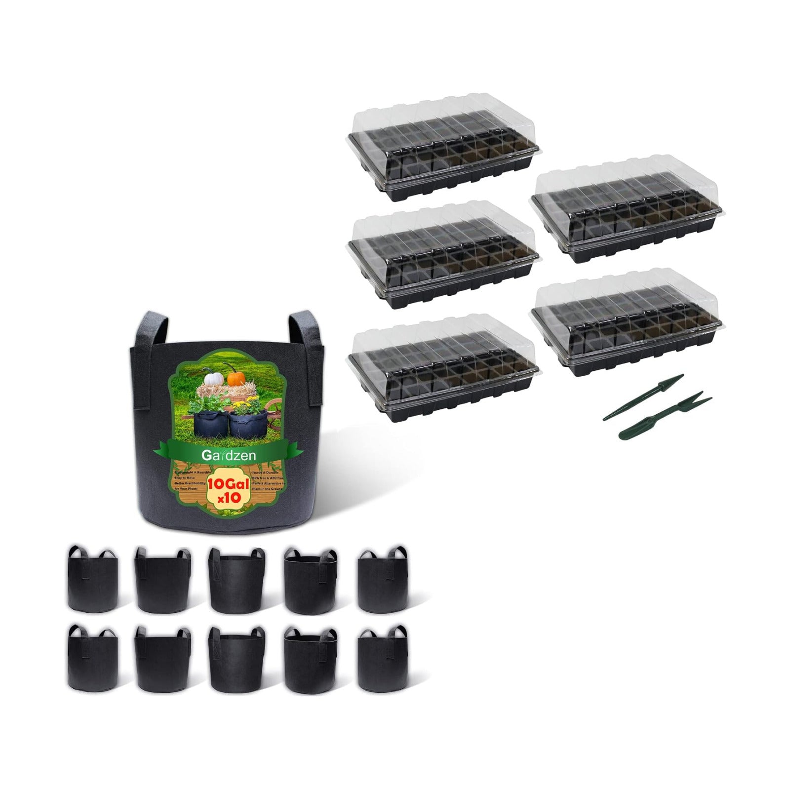 Gardzen 10-Pack 10 Gallon Grow Bags, Aeration Fabric Pots with 5-Set Garden Propagator Set, Seed Starter Tray 15" x 9"