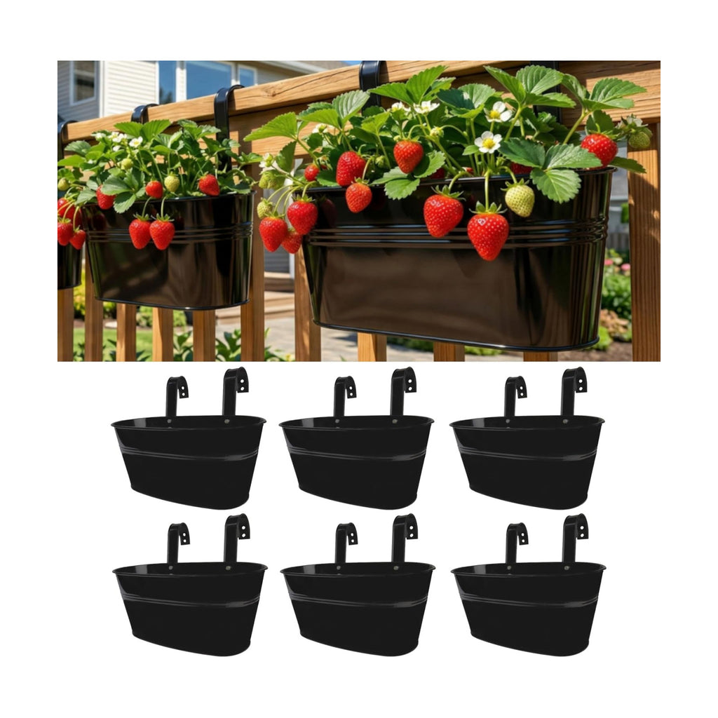 LaLaGreen Outdoor Rail Planter (11.8 Inch, 6 Pack) Black Metal Iron Hanging Flower Pots Deck Railings Fence Buckets