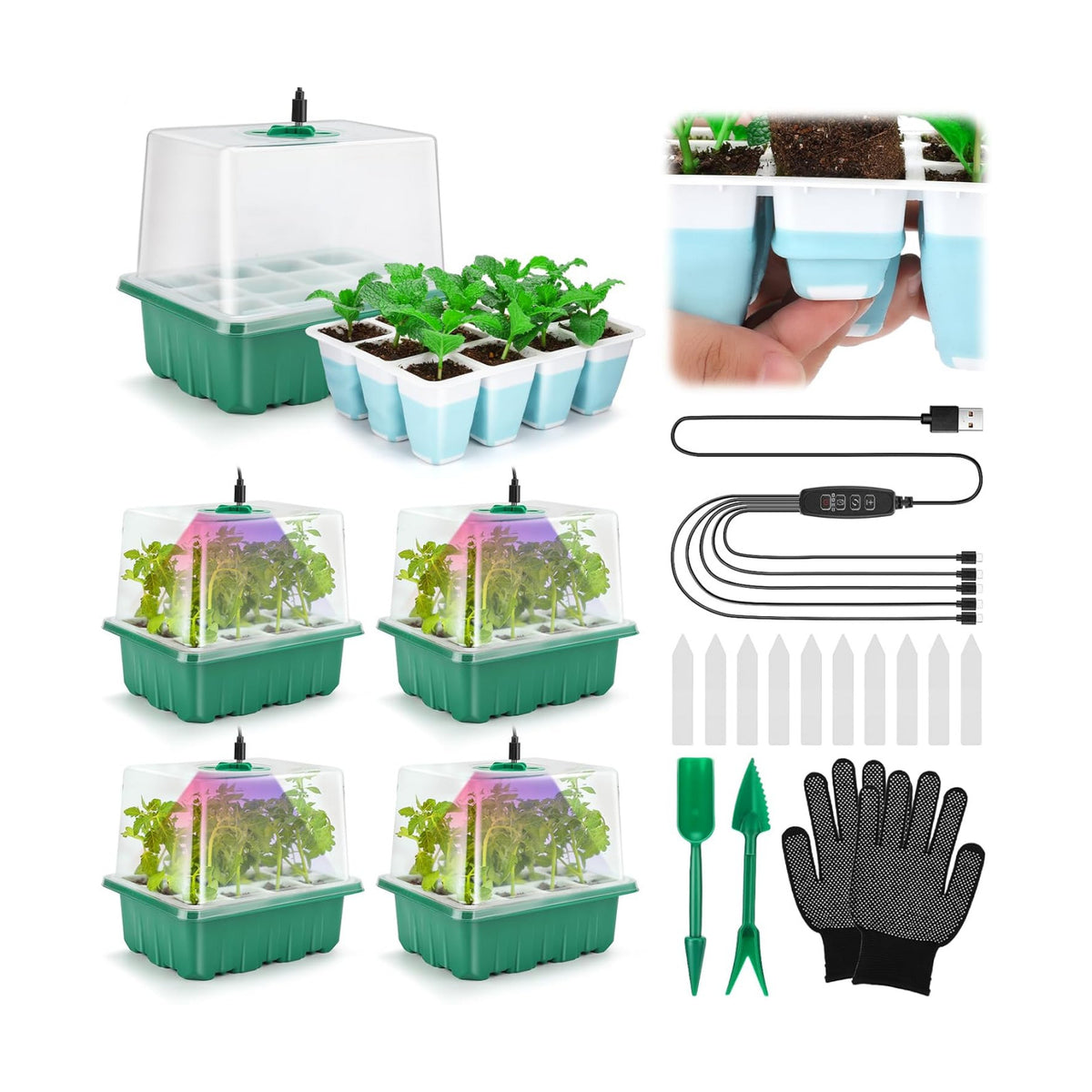 Seed Starter Tray with Grow Light, 60 Flexible Cells 5 PCS Seed Starter Kit, Reusable Seedling Starter Trays with Humidity Dome and High Lid, Germination Trays for Indoor Greenhouse Seed Starter