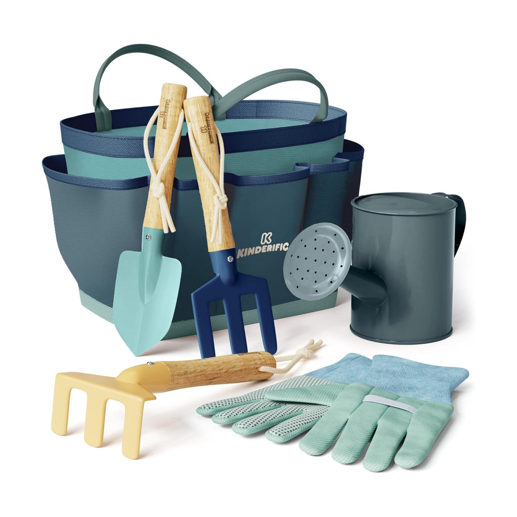 Gardening Set, Tool Kit, for Kids, STEM, Includes Tote Bag, Spade, Watering Can, Rake, Fork, Trowel and Gloves (Ocean