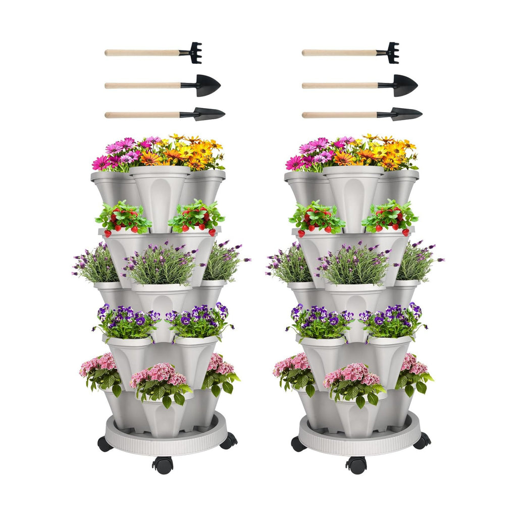 GameXcel Vertical Planter Tower - 5 Tier Stackable Garden Planters with Wheels and Tools Plant Pots for Strawberry Herb