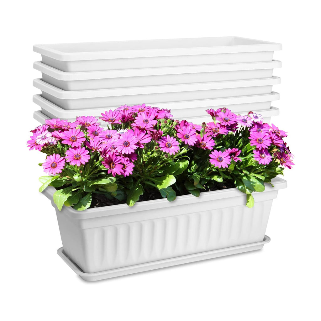 Window Box Planter, 6 Pcs 17" Flower Rectangle Planter Boxes Outdoor, White | with Spray Bottle, Garden Tool Kit