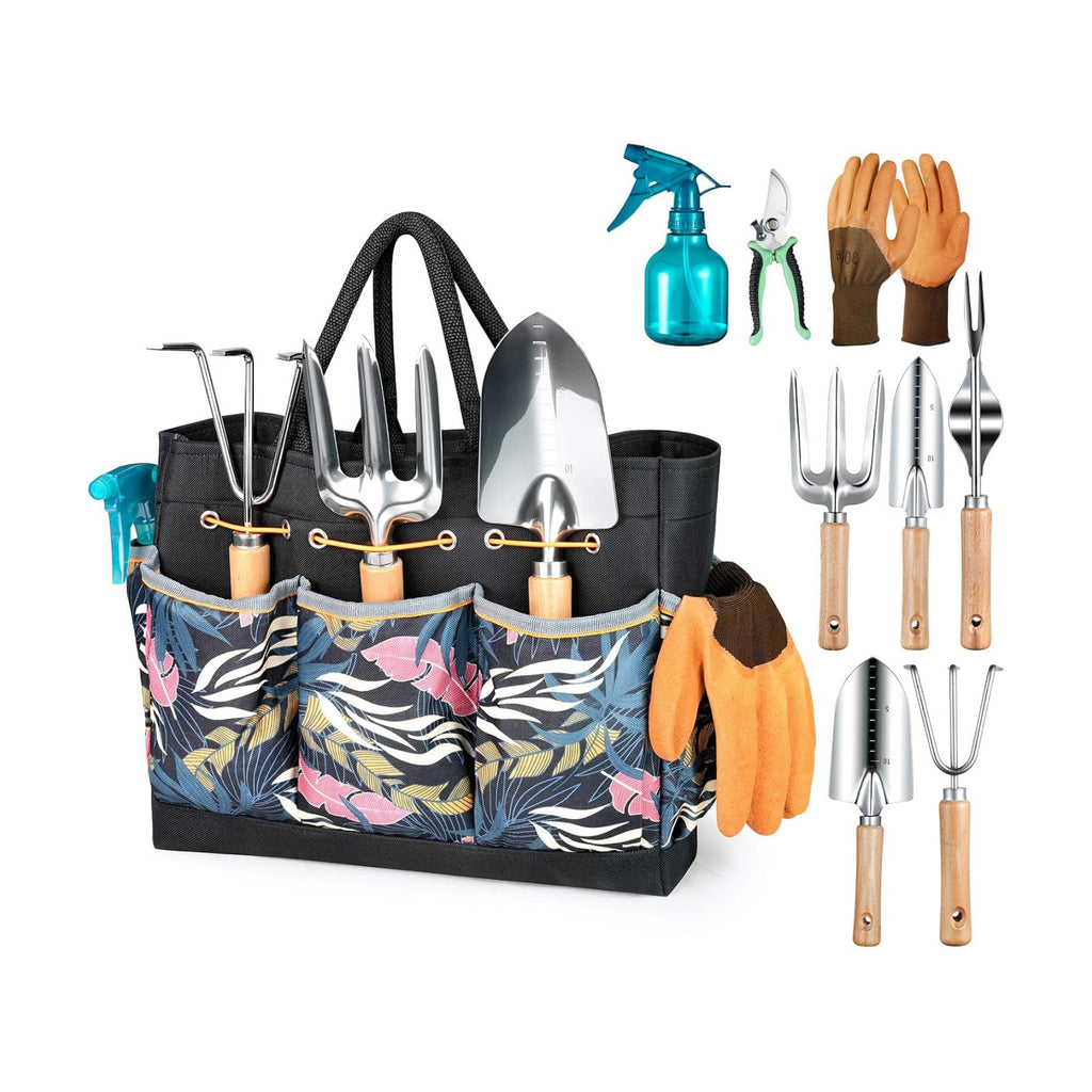9-Piece Gardening Tools Set with Fashion Handbag, Black Orange | Rust-resistant steel garden tool set with storage bag