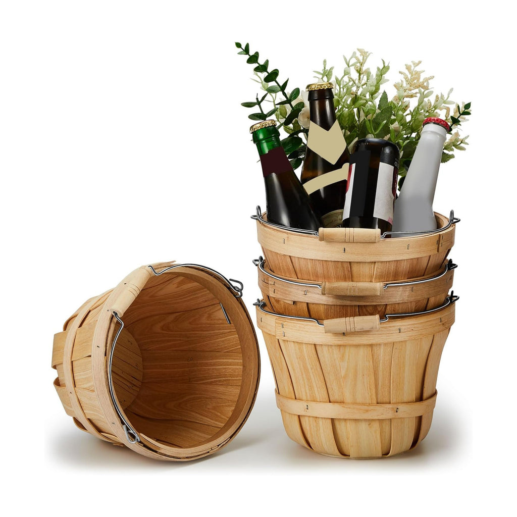 Tatuo 4 Pcs Round Wooden Apple Baskets Wood Fruit Buckets with Handle Fall Harvest Basket Portable Bushel for Market