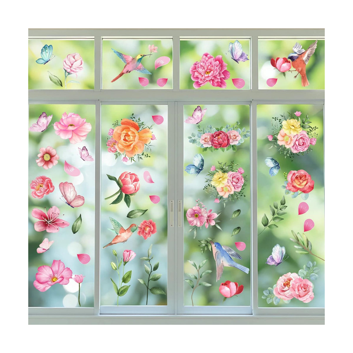 79 PCS Spring Window Clings,Spring Flower Window Clings for Glass Windows,Double-Sided Birds Floral Butterfly Window Stickers for Spring Decor (9 Sheets)