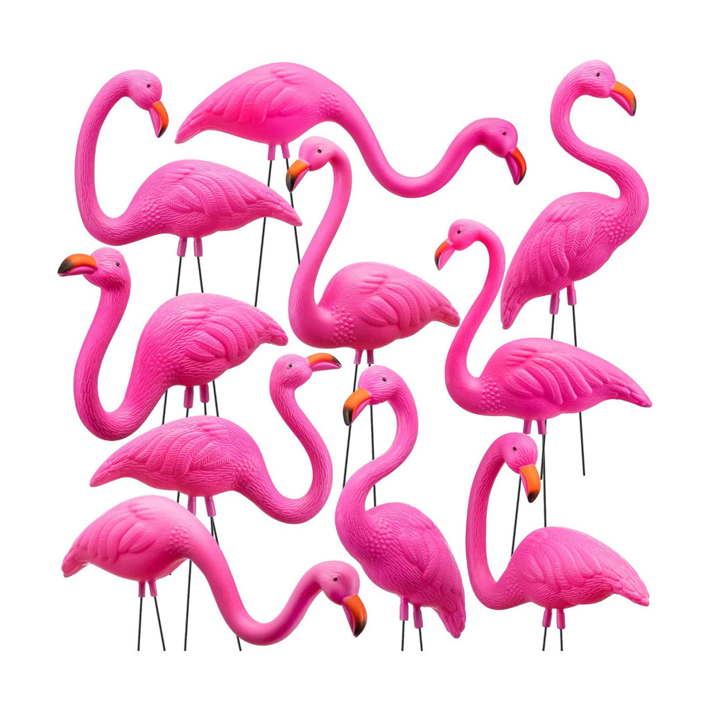 JOYIN 10 Pack Small Yard Flamingos Ornament Stakes, Mini Pink Flamingo Yard Decorations, Mini Lawn Plastic Flamingo