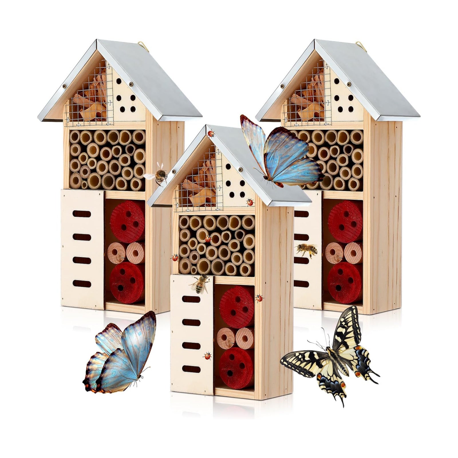 Maitys 3 Pcs Wooden Mason Insect Bee Hotel Butterfly House Natural Ladybug House Bug Hotel for Garden Outdoor Butterfly