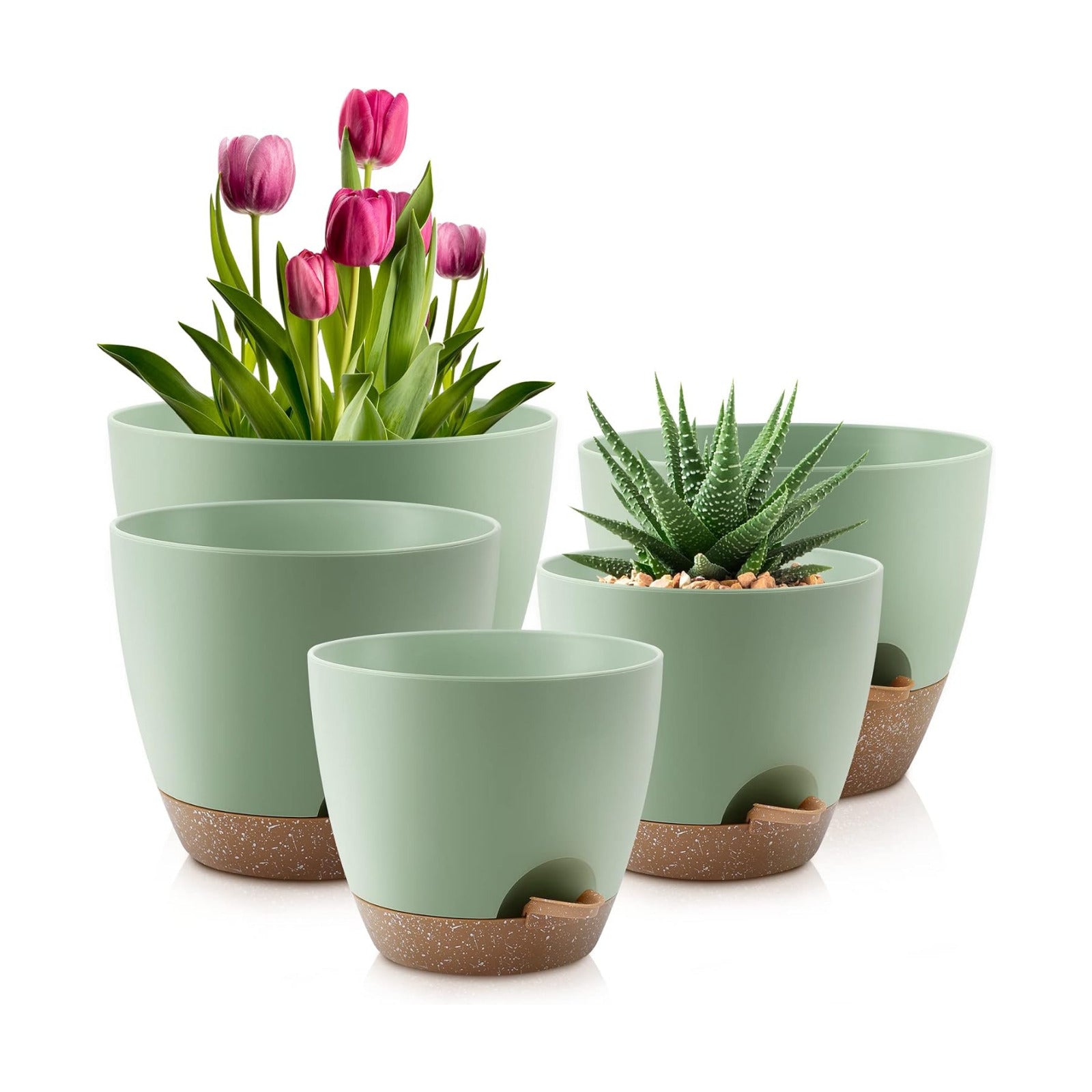 QRRICA Plant Pots 10/9/8/7.5/7 Inch Self Watering Pots, Set of 5 Plastic Planters with Drainage Holes and