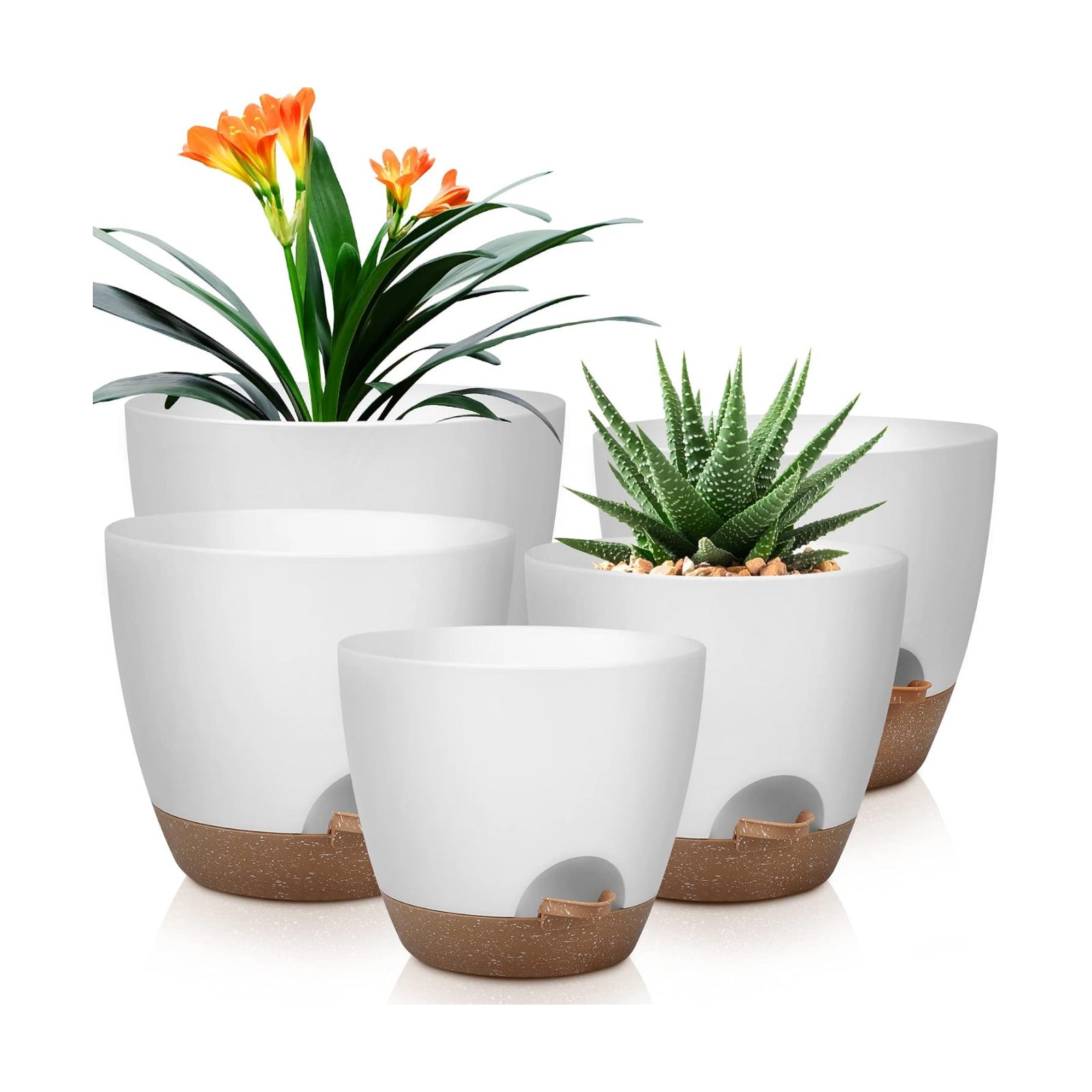 QRRICA Plant Pots 10/9/8/7.5/7 Inch Self Watering Pots, Set of 5 Plastic Planters with Drainage Holes and