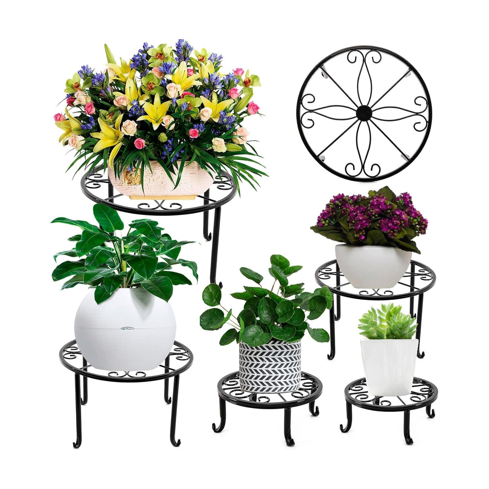 NSYOOMH 5 packs Rustproof Metal Plant Stands for Multiple Plant, Heavy Duty Plants Holder Outdoor Indoor, Round Wrought
