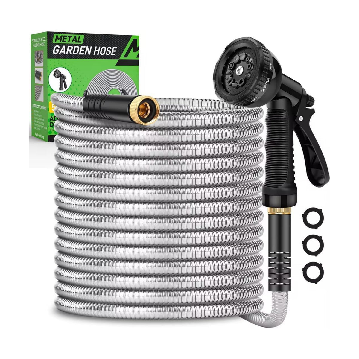 Kebose Garden Hose 50FT, Stainless Steel Hose with 10 Functional Nozzles | No Kink Metal Water Hose, Lightweight and