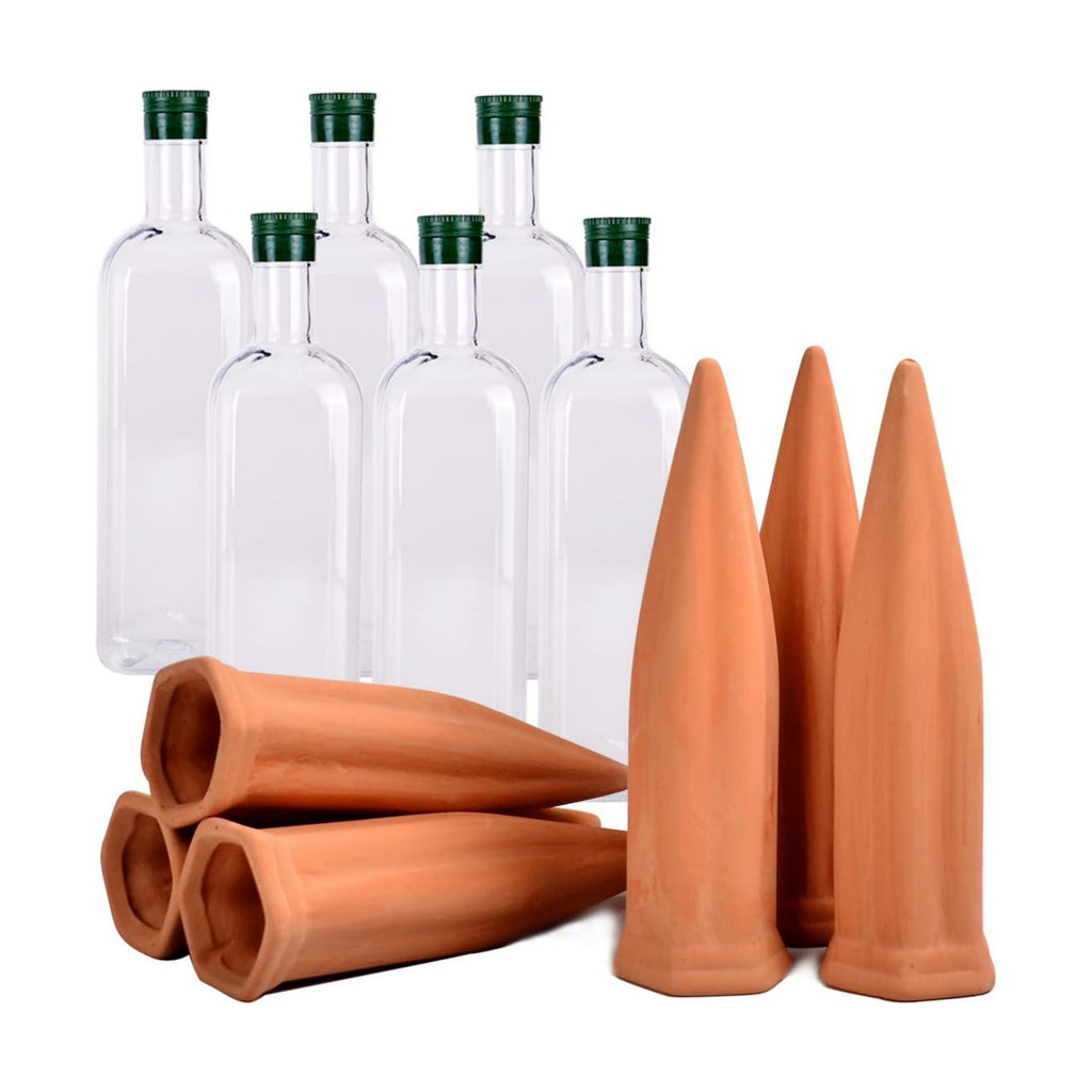 B SEPOR 6 Terracotta Watering Spikes with 6 PET Empty Bottles 33.8 Fl Oz 1000ml for Plant Self Irrigation Up to 10+ Days