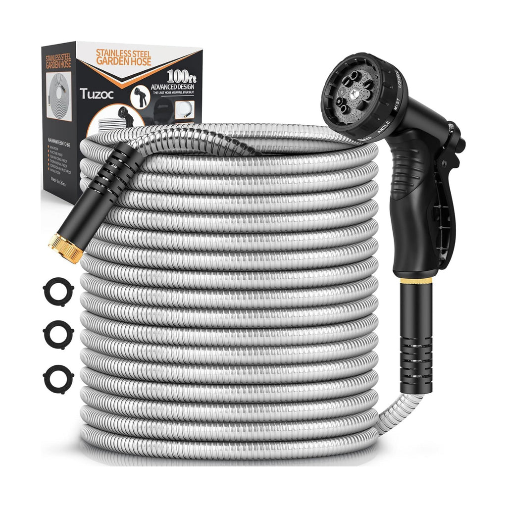 Rcfunkid Garden Hose 100FT No-Kink Metal Hose With 10 Function Nozzle Tough | Stainless Steel Water Hose, Leak-proof