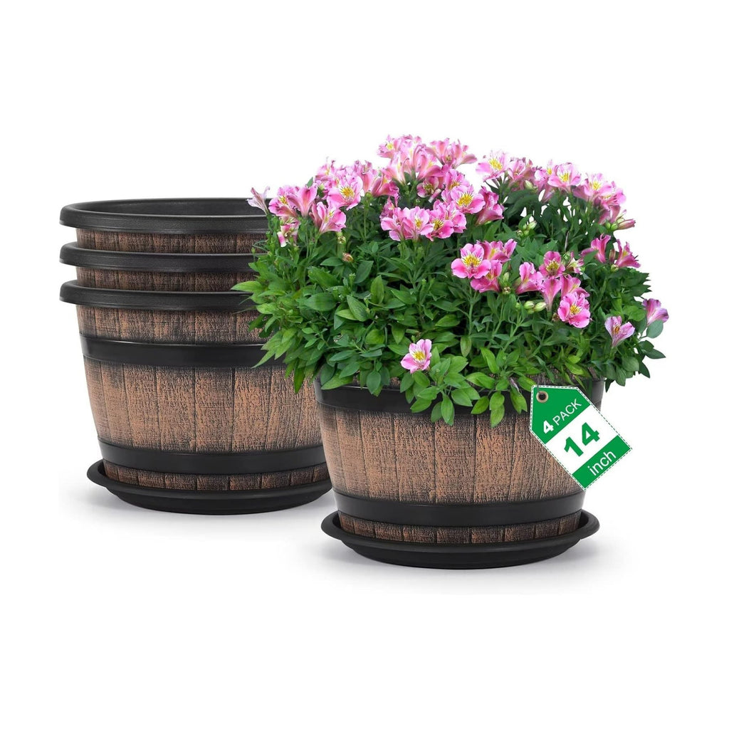 Quarut Large Plastic 4 Pack14 inch Plant Pots,Whiskey Barrel Planters with Drainage Holes & Saucer.Flower Pots Imitation Wine Barrel Design for Indoor & Outdoor Garden Balcony Plants.5 Gallons(Brown)