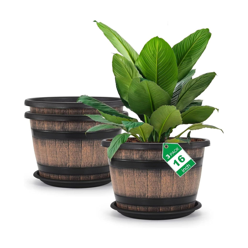 Quarut Large Plastic 3 Pack16 inch Plant Pots,Whiskey Barrel Planters with Drainage Holes & Saucer.Flower Pots Imitation Wine Barrel Design for Indoor & Outdoor Garden Balcony Plants.7 Gallons(Brown)