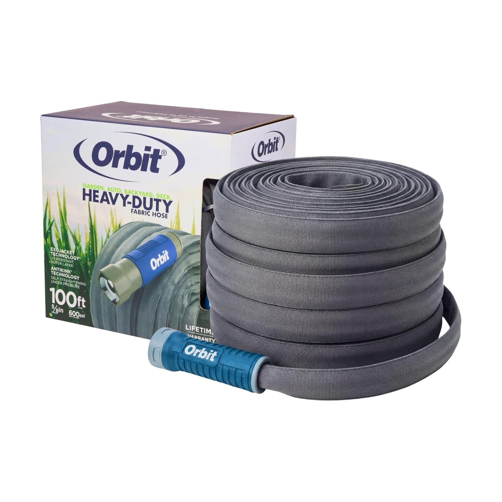 Orbit ExoJacket Fabric Garden Hose - 100 ft x 5/8 in - Heavy-Duty Fabric - Durable ExoJacket Construction - Antikink