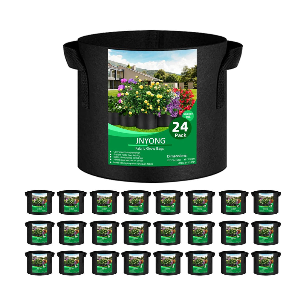 JNYONG 24-Pack 5 Gallon Thickened Non-Woven Grow Bags | Aeration Fabric Pots with Handles