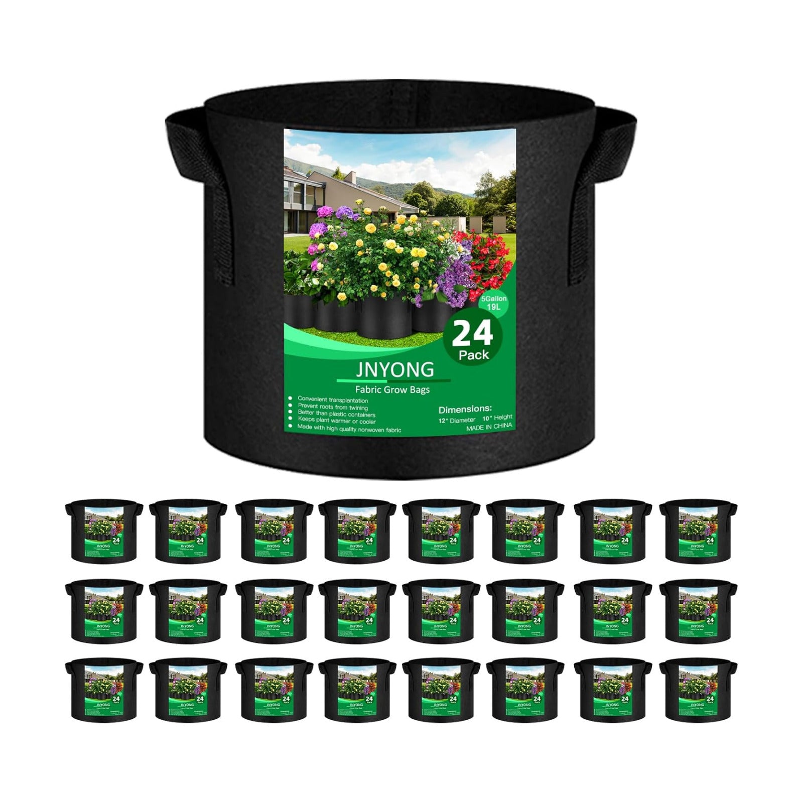 JNYONG 24-Pack 5 Gallon Thickened Non-Woven Grow Bags | Aeration Fabric Pots with Handles