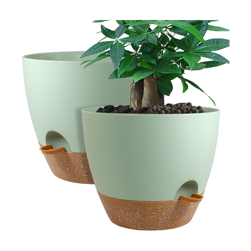 UOUZ 12inch 2Pack Large Self Watering Planters, Plastic Plant Pots with 60oZ Removable Deep Reservoir and Multi Mesh Drainage Holes for Indoor Outdoor Garden Plants and Flowers, Green with Brown