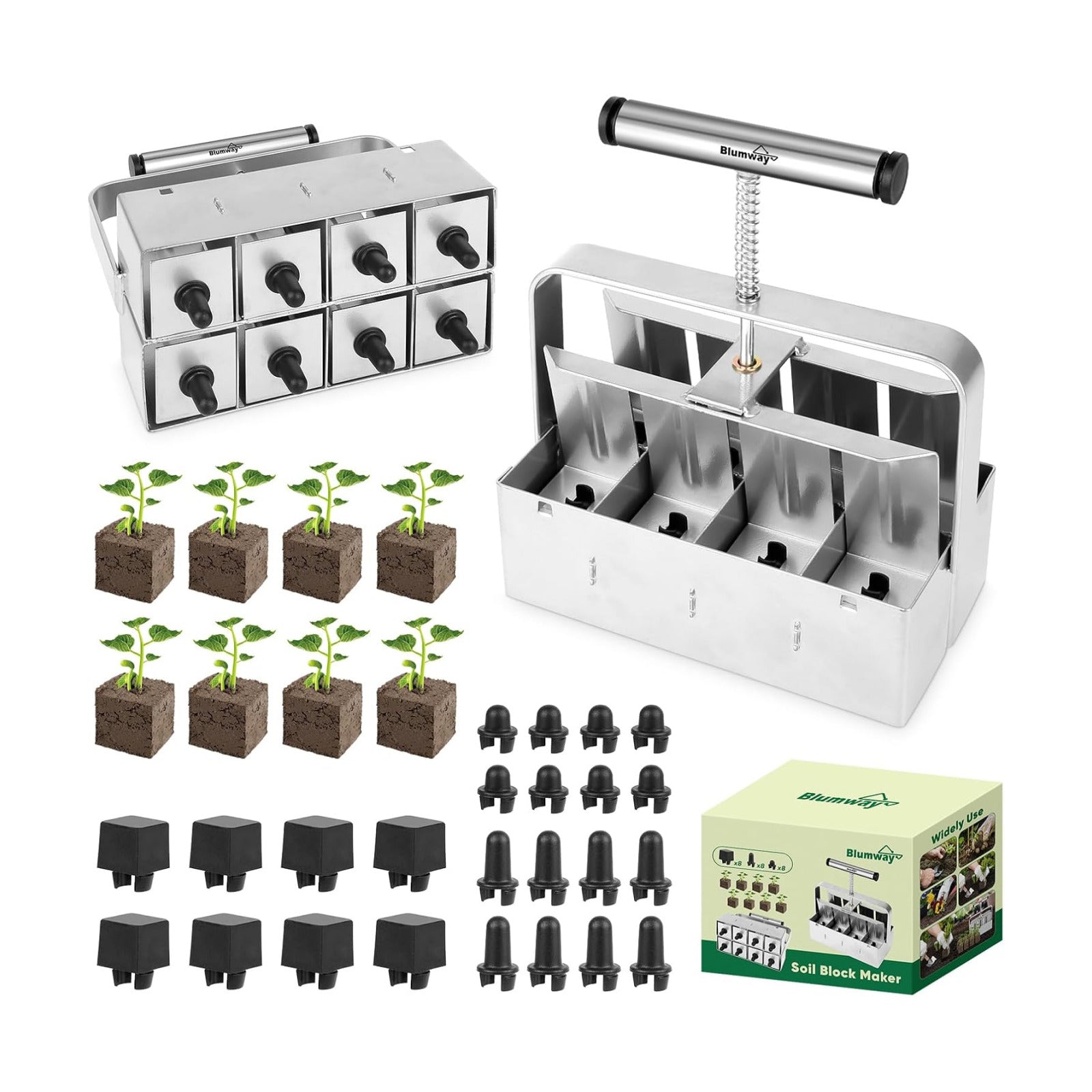 Soil Blocker, 8 Cell 2 inch Soil Block Maker for Seed Starting | 3 Sizes Seed Pins, Heavy Duty Manual Seed Blocker