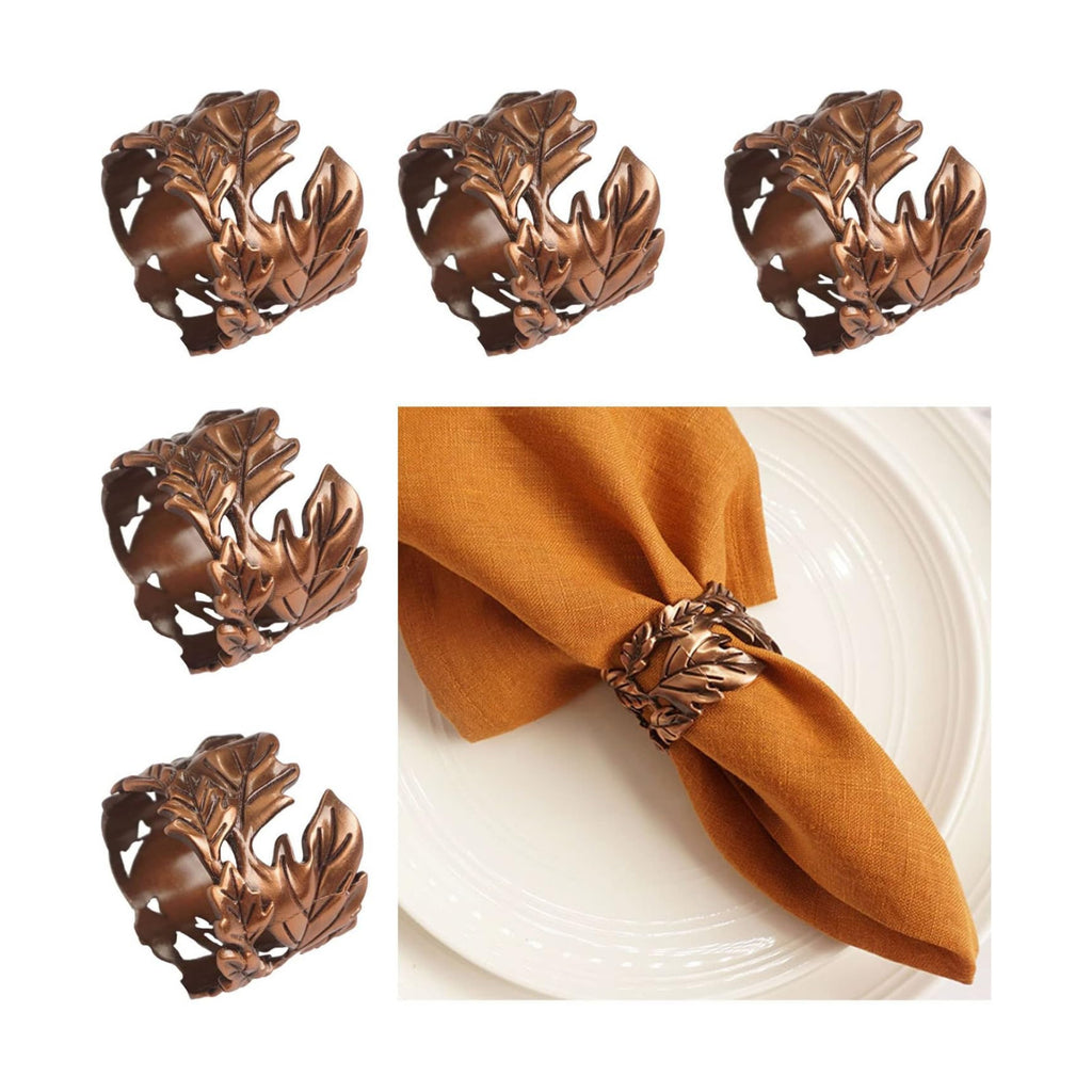 Leaf Shape Napkin Rings Set of 6, Bronze Napkin Rings Metal Napkin Ring Holders for Dinner Party, Wedding, Banquets,Thanksgiving, Holiday Table Settings