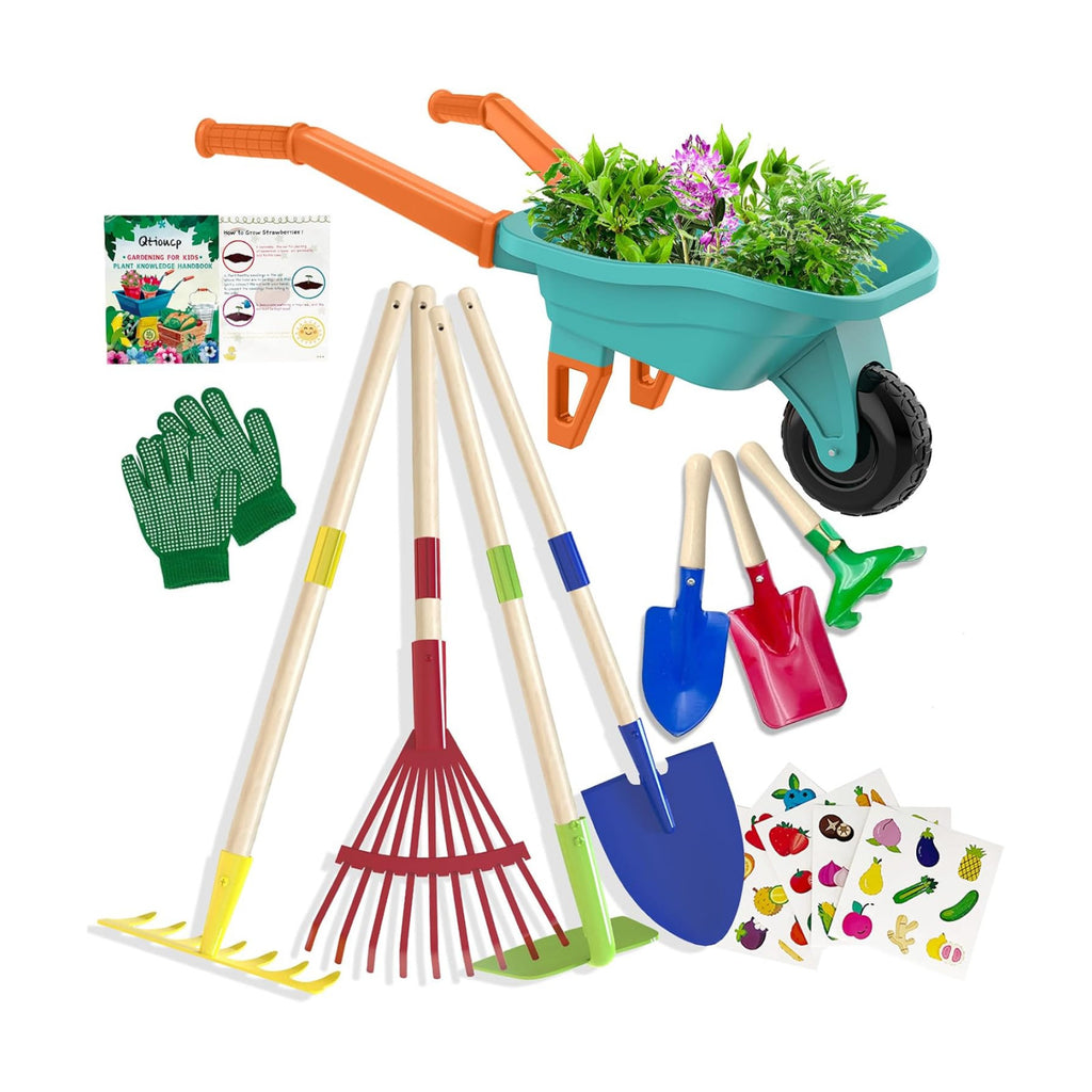 Qtioucp Kids Gardening Set with Wheelbarrow, Real Metal Garden Tools for Kids Ages 3-8, 4 Long Handle Tools, 3 Hand
