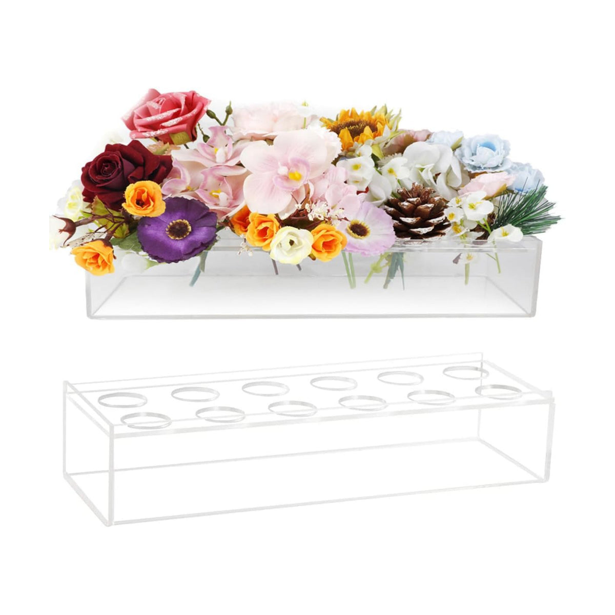 Acrylic Rectangular Floral Centerpiece Vase for Dining Table, 12-Holes, 11.8 x 4 x 3 Inches