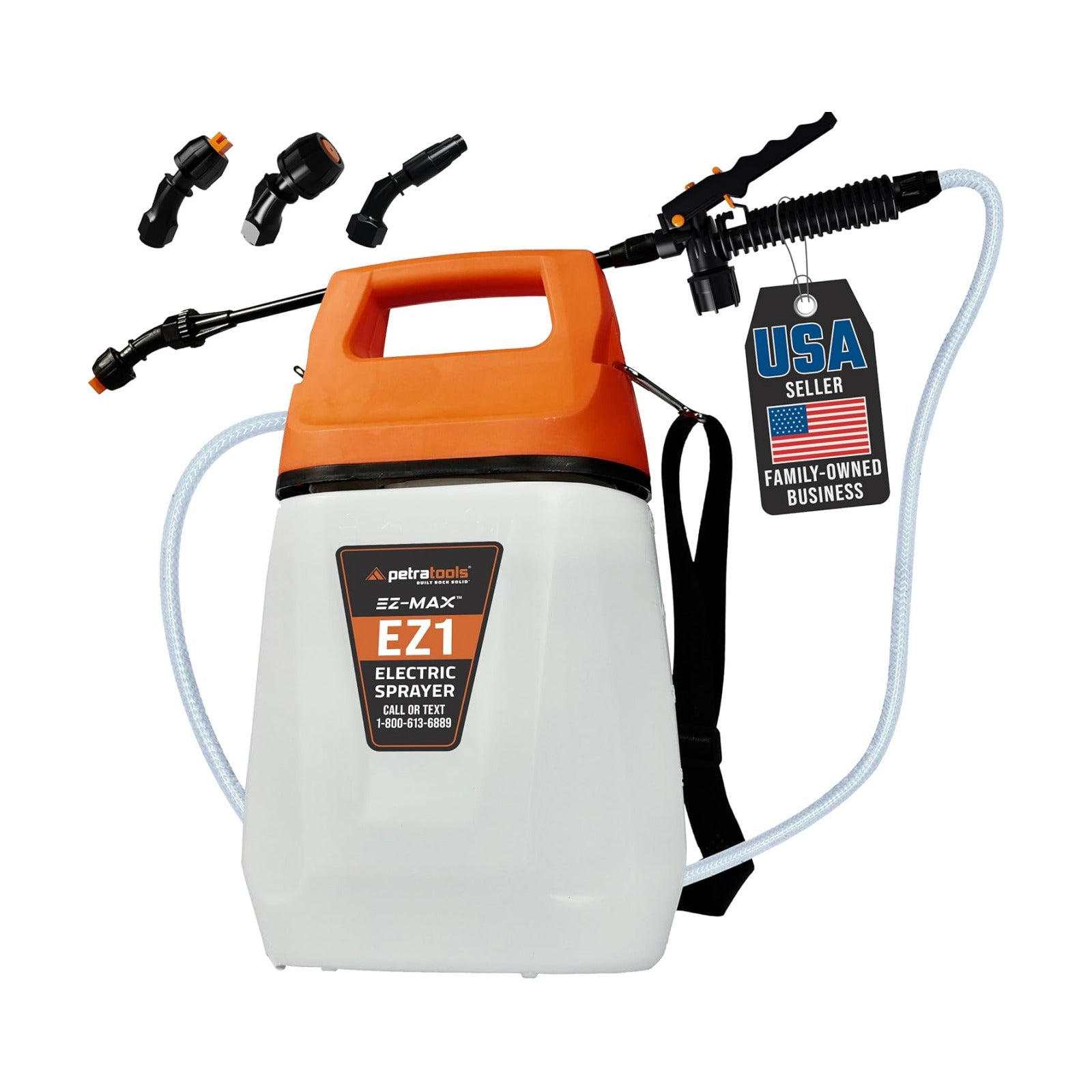 PetraTools EZ1 Battery Powered Sprayer - 3 Hr Runtime & 3 Nozzles, 1 Gallon | Sprays 20+ Gallons Per Charge - Lawn &