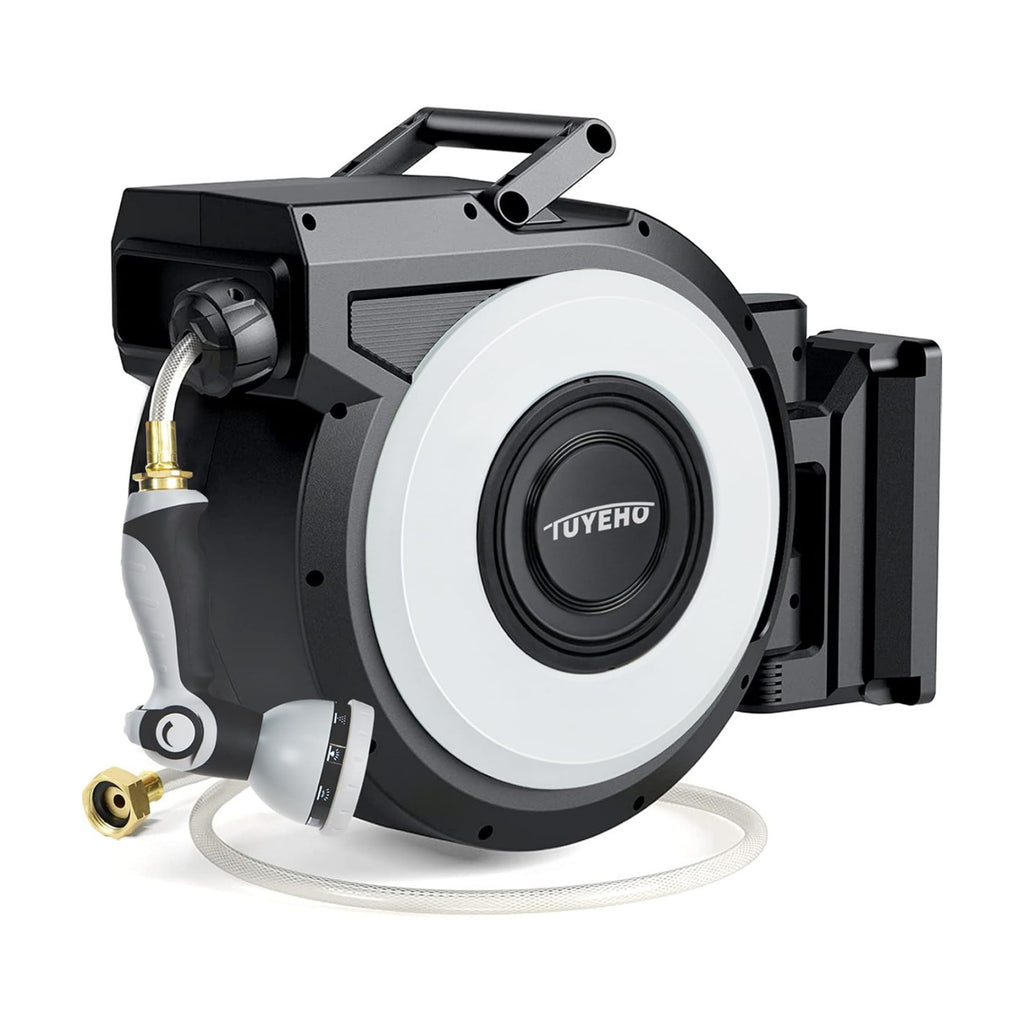 Tuyeho Heavy-Duty Automatic Retractable Garden Hose Reel 100FT Wall Mount | Lifetime Service, 2 Nozzle, Auto Rewind