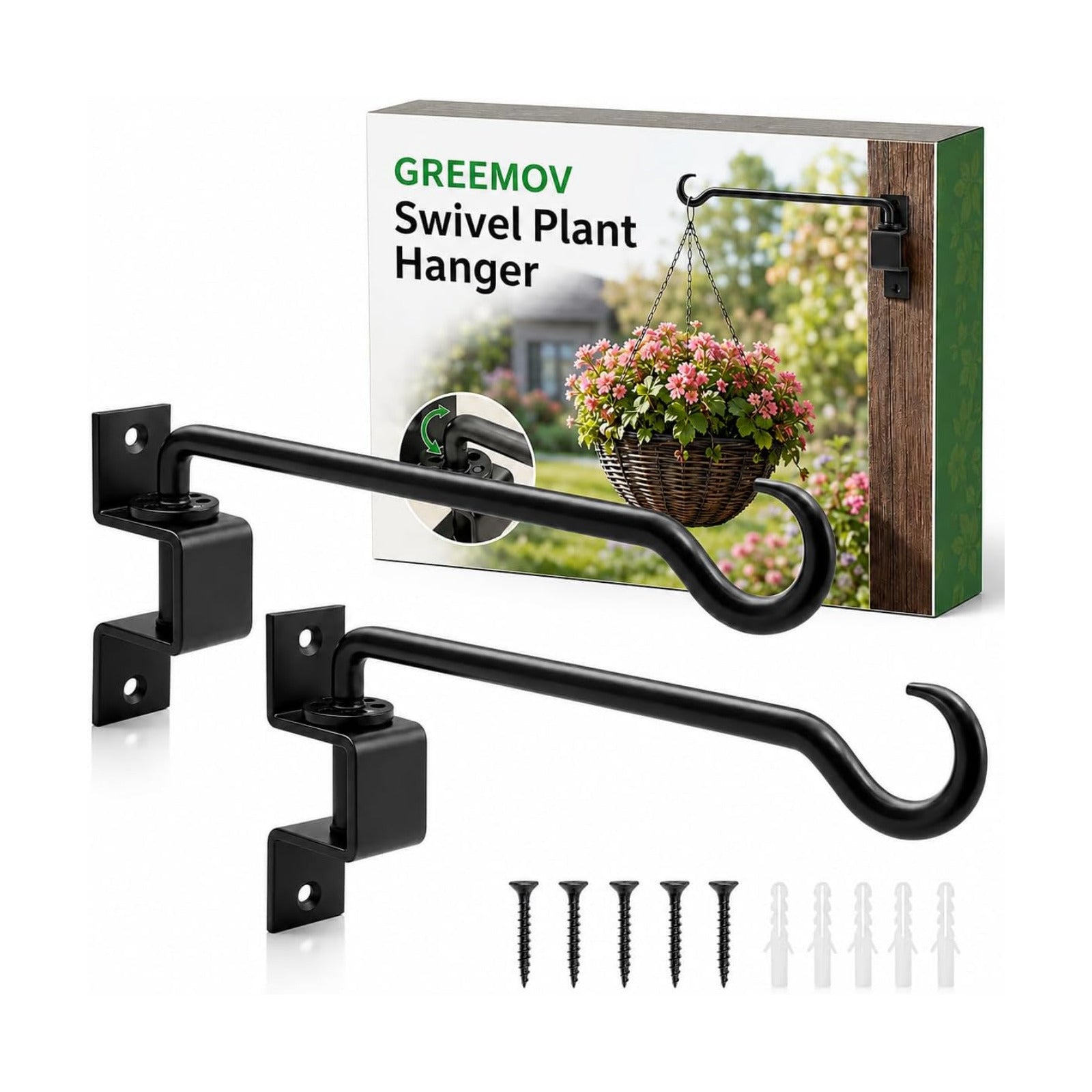 16 inch 2 Pack Swivel Plant Hangers Outdoor Heavy Duty - Black Iron Plant Hanging Hook Bracket for Flowers Baskets Pots