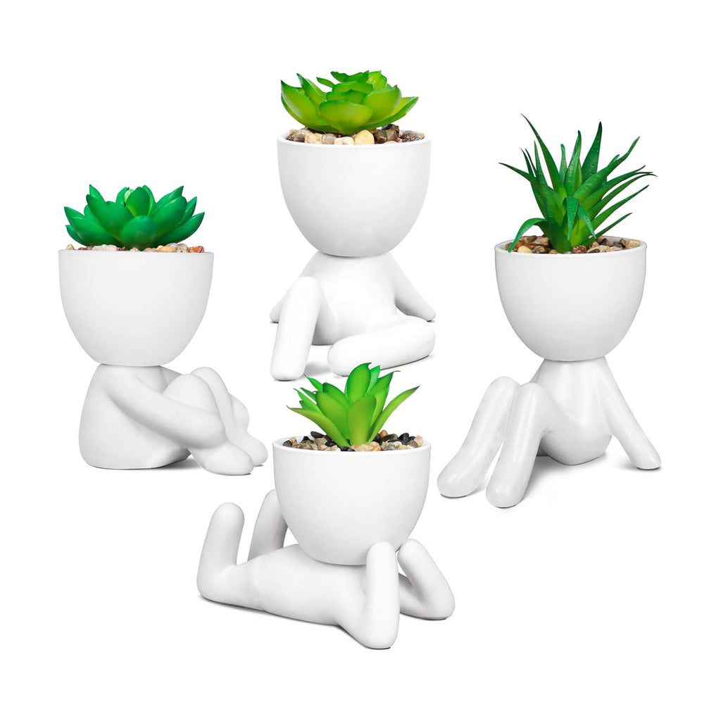 Set of 4 Artificial Succulents in Ceramic Pots, Cute Human Shaped Fake Plants for Shelves, Small Faux Plants for Office