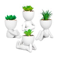 Set of 4 Artificial Succulents in Ceramic Pots, Cute Human Shaped Fake Plants for Shelves, Small Faux Plants for Office