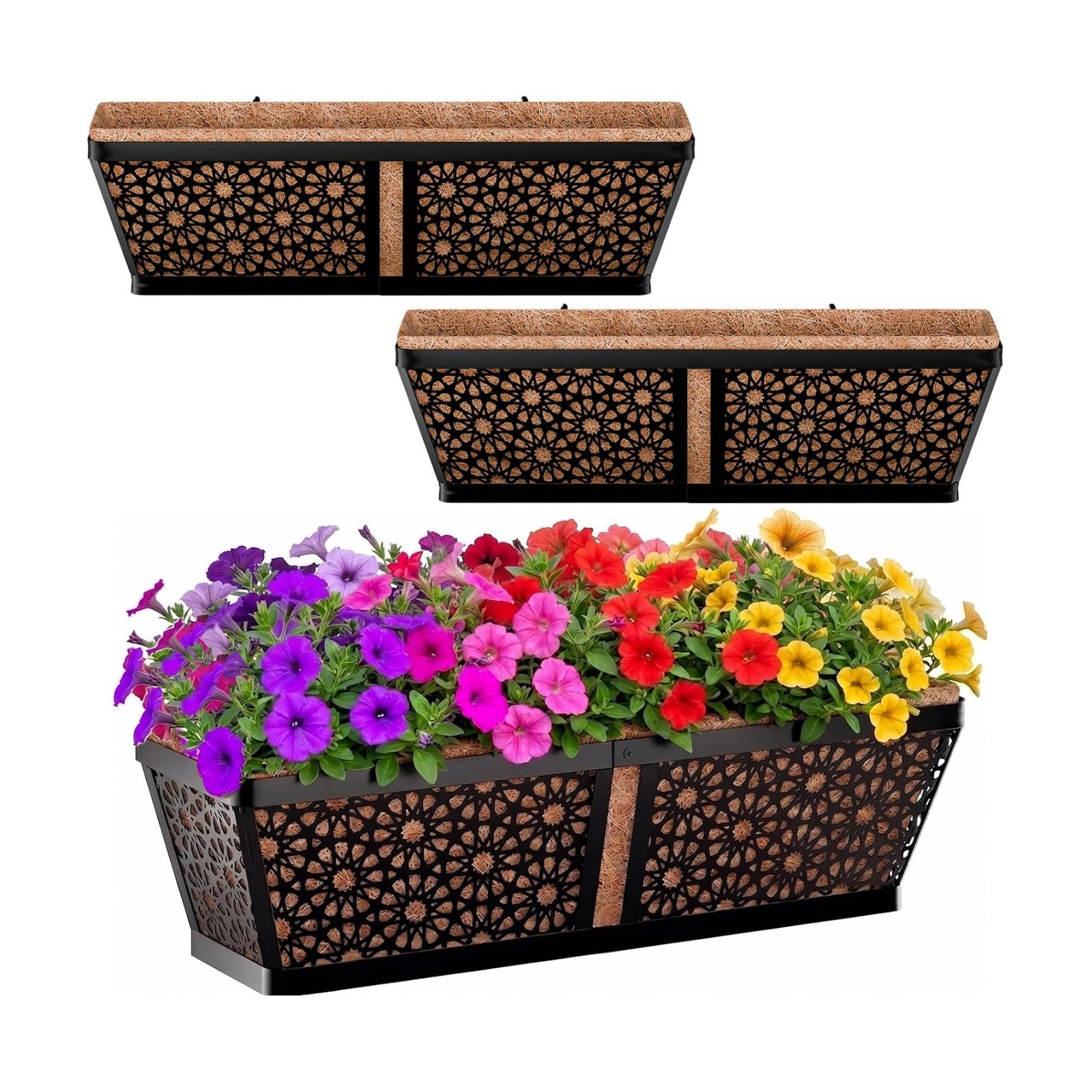 3 Pack Over Railing Planter Box, 24 Inch Window Box with Coco Liner | with Adjustable Brackets, Rust-Resistant Metal