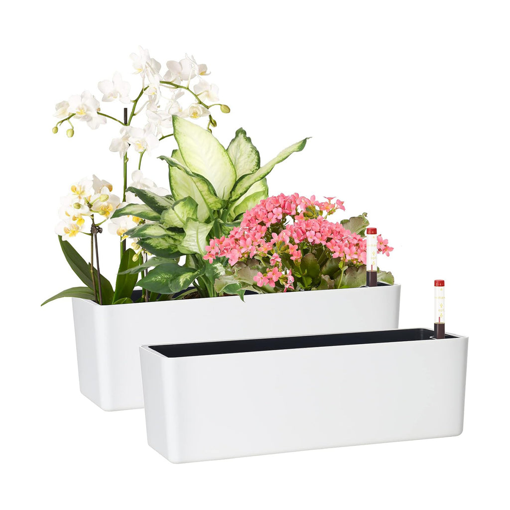 Elongated Self Watering Planter Pots 2-Pack Window Box 5.5 x 16 inch Indoor Home Garden Modern Decorative Planter Pot for All House Plants Flowers Herbs (White,2)