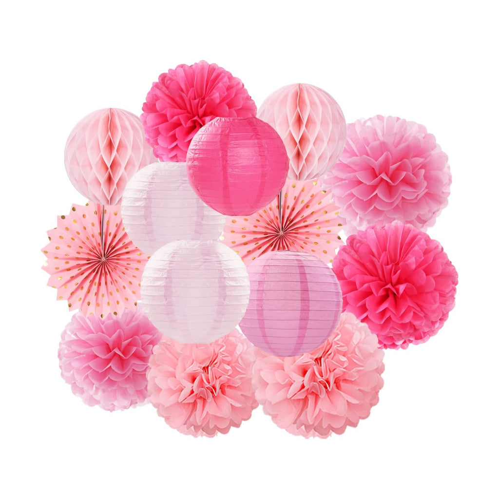 Rose Hot-Pink Valentines-Day Party-Decorations Streamers - 14pc Girl Birthday Baby Shower Paper Lanterns Fan,Tissue Pom Poms,Honeycomb Balls,Bachelorette Bridal Wedding Supplies Decor Lasting Surprise