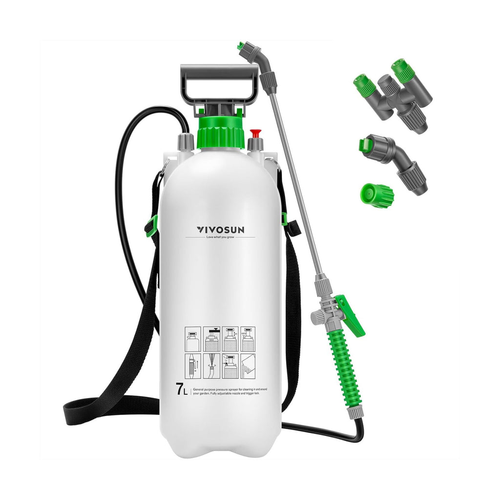 VIVOSUN 1.8 Gal/7L Pump Sprayer, Garden Water Sprayer | for Plants, Weeds & Lawn Care, with 3 Nozzles, 50'' Long Hose &